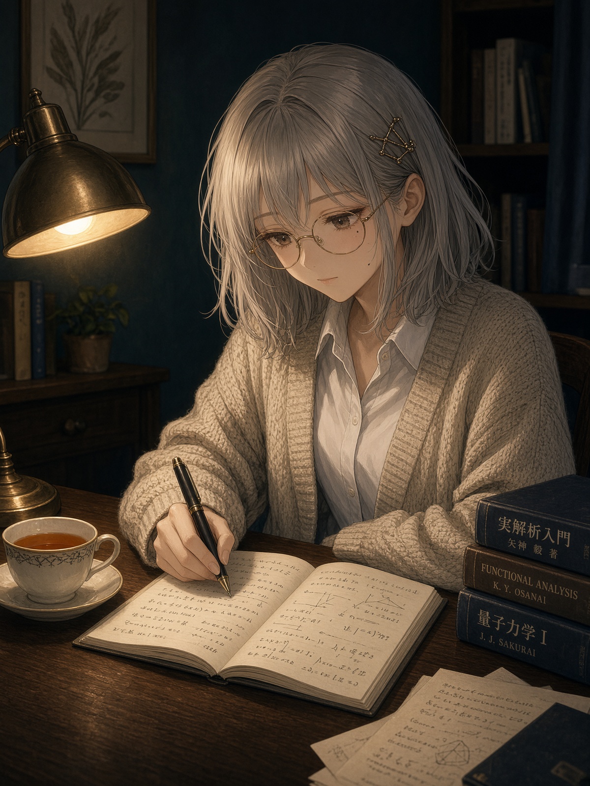 Yamato at her desk under a brass lamp, writing in a notebook.